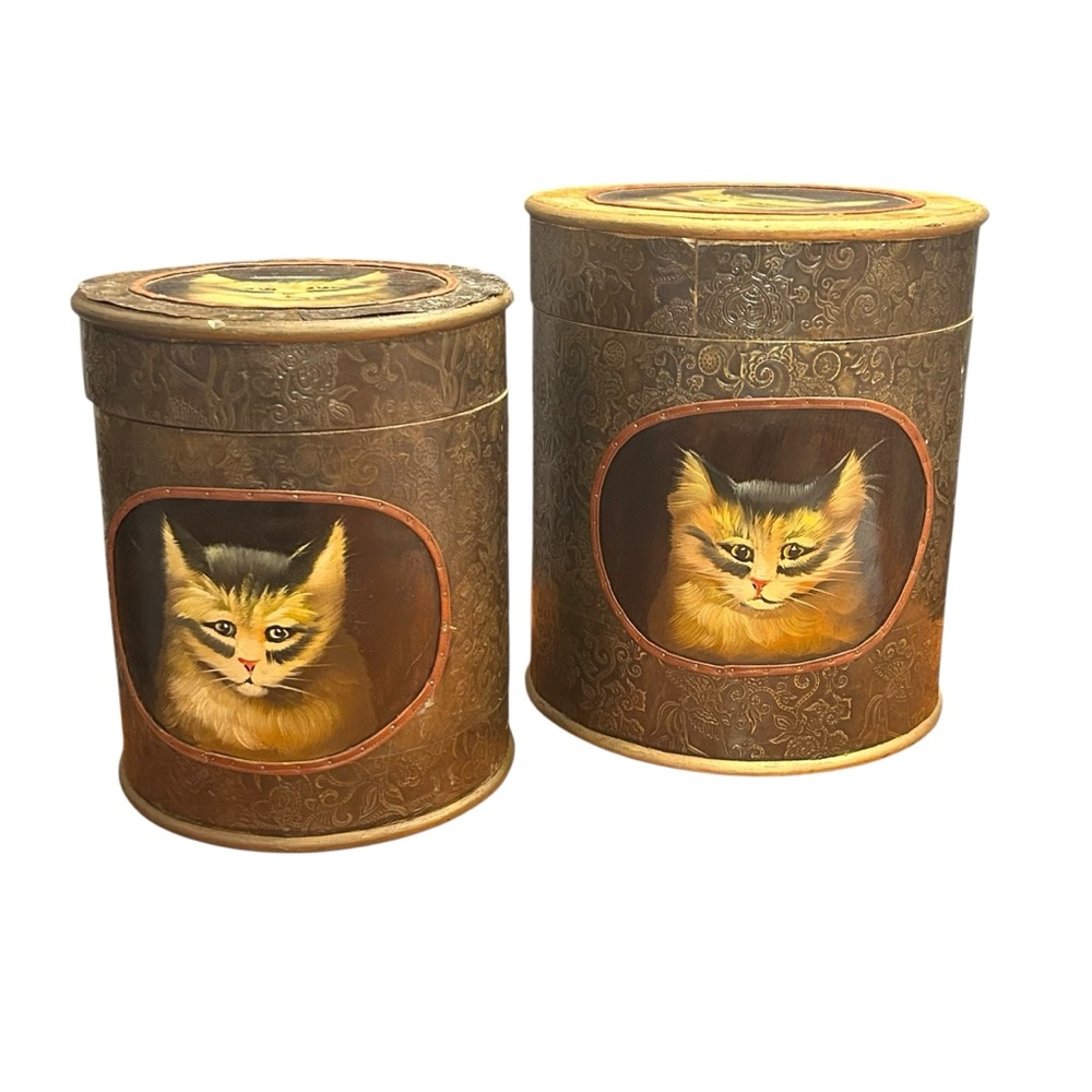 Two Vintage Handmade Wooden Leather Wrapped Nesting Containers with Cat Design
